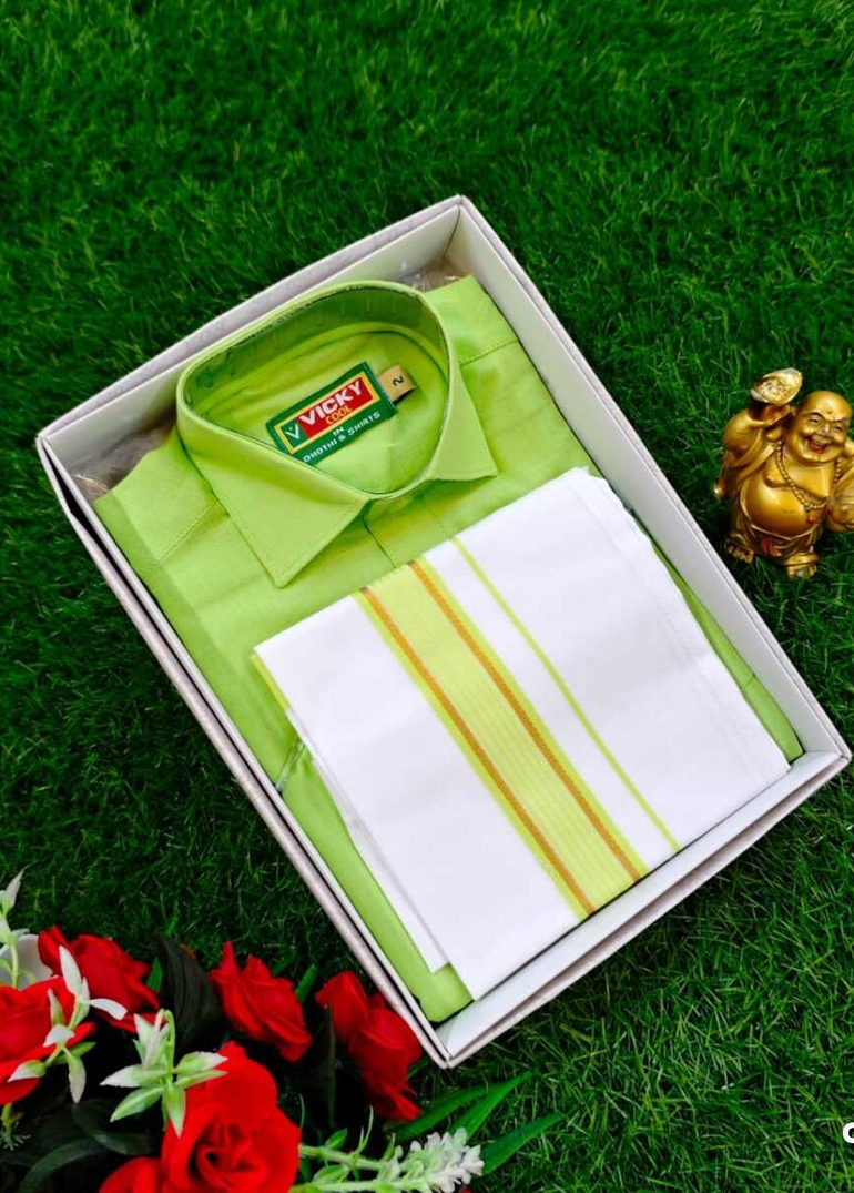 SHIRTS & DHOTIS COMBO FOR MENS ADJUSTABLE DHOTIS WITH COLOUR MATCHING BORDER BEST CHOICE FOR BOYS - LIGHT GREEN