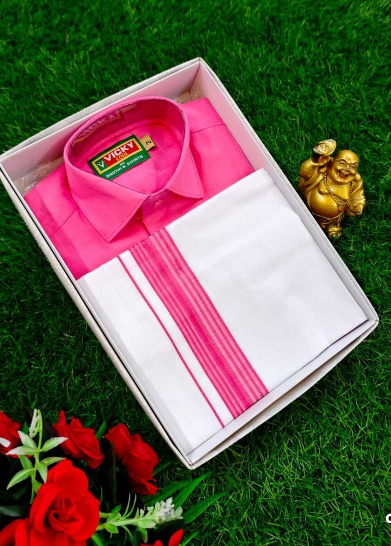 SHIRTS & DHOTIS COMBO FOR MENS ADJUSTABLE DHOTIS WITH COLOUR MATCHING BORDER BEST CHOICE FOR BOYS - LIGHT PINK