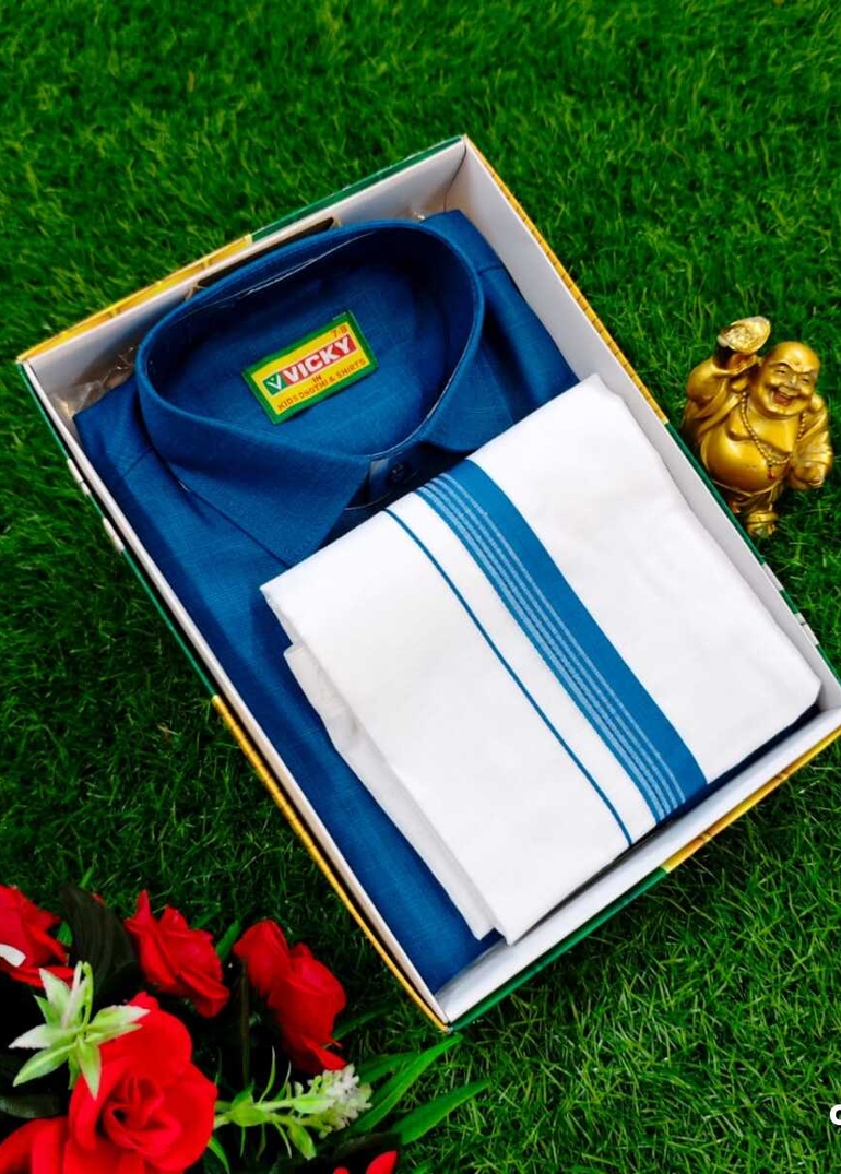 SHIRTS & DHOTIS COMBO FOR MENS ADJUSTABLE DHOTIS WITH COLOUR MATCHING BORDER BEST CHOICE FOR BOYS - PEACKOK BLUE