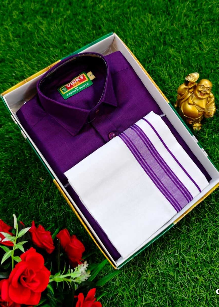 SHIRTS & DHOTIS COMBO FOR MENS ADJUSTABLE DHOTIS WITH COLOUR MATCHING BORDER BEST CHOICE FOR BOYS - PURPLE COLOUR