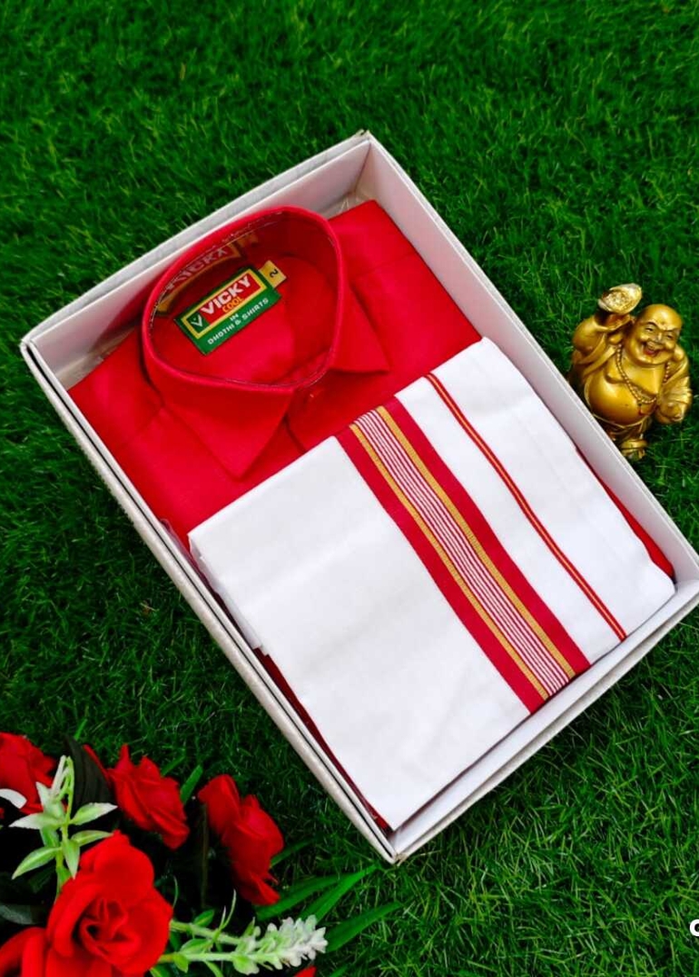 SHIRTS & DHOTIS COMBO FOR MENS ADJUSTABLE DHOTIS WITH COLOUR MATCHING BORDER BEST CHOICE FOR BOYS - RED (1)