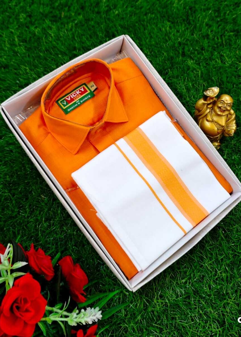 SHIRTS & DHOTIS COMBO FOR MENS ADJUSTABLE DHOTIS WITH COLOUR MATCHING BORDER BEST CHOICE FOR BOYS - ORANGE (1)
