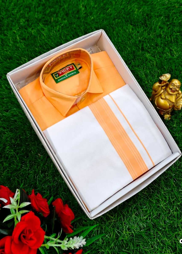 SHIRTS & DHOTIS COMBO FOR MENS ADJUSTABLE DHOTIS WITH COLOUR MATCHING BORDER BEST CHOICE FOR BOYS - LIGHT ORANGE