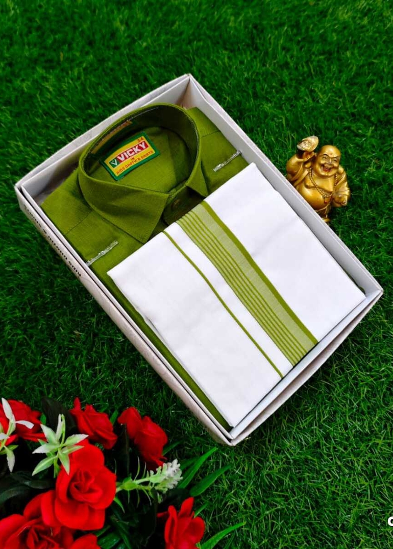 SHIRTS & DHOTIS COMBO FOR MENS ADJUSTABLE DHOTIS WITH COLOUR MATCHING BORDER BEST CHOICE FOR BOYS - MEHENDHI GREEN