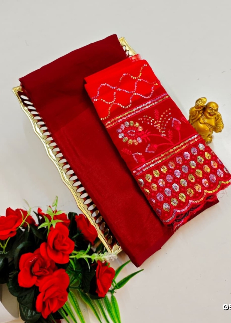 GEORGETTE FANCY SOFT SILK SAREES WITH BLOUSE MODERN FANCY ITEM SAREES - MERUN (7)