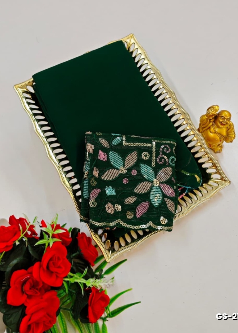 GEORGETTE FANCY SOFT SILK SAREES WITH BLOUSE MODERN FANCY ITEM SAREES - BOTTLE GREEN (7)