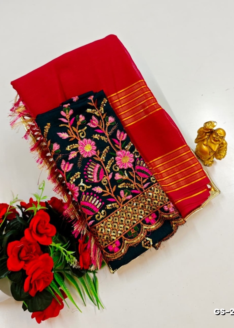 GEORGETTE FANCY SOFT SILK SAREES WITH BLOUSE MODERN FANCY ITEM SAREES - MAROON COLOR (3)