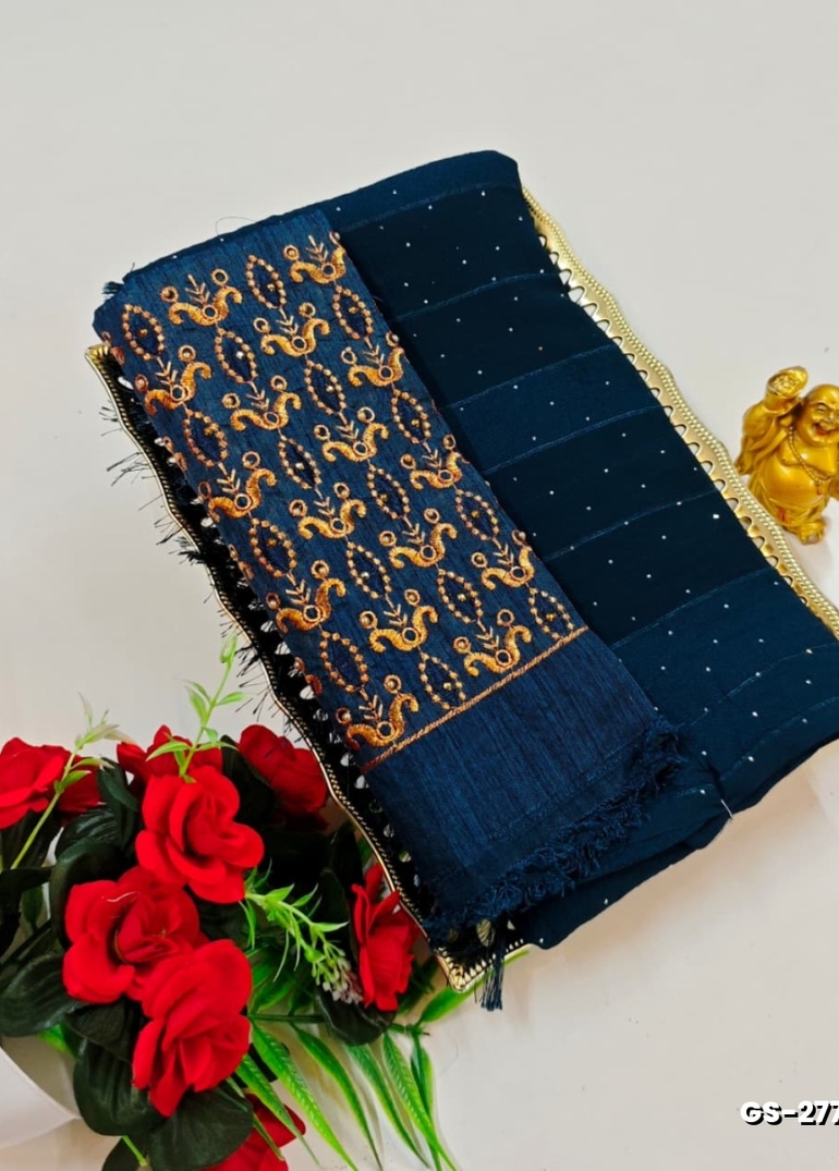 GEORGETTE FANCY SOFT SILK SAREES WITH BLOUSE MODERN FANCY ITEM SAREES - PEACKOK BLUE (10)