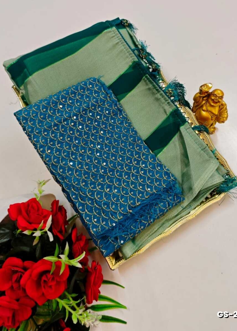 GEORGETTE FANCY SOFT SILK SAREES WITH BLOUSE MODERN FANCY ITEM SAREES - LITE TEAL (1)