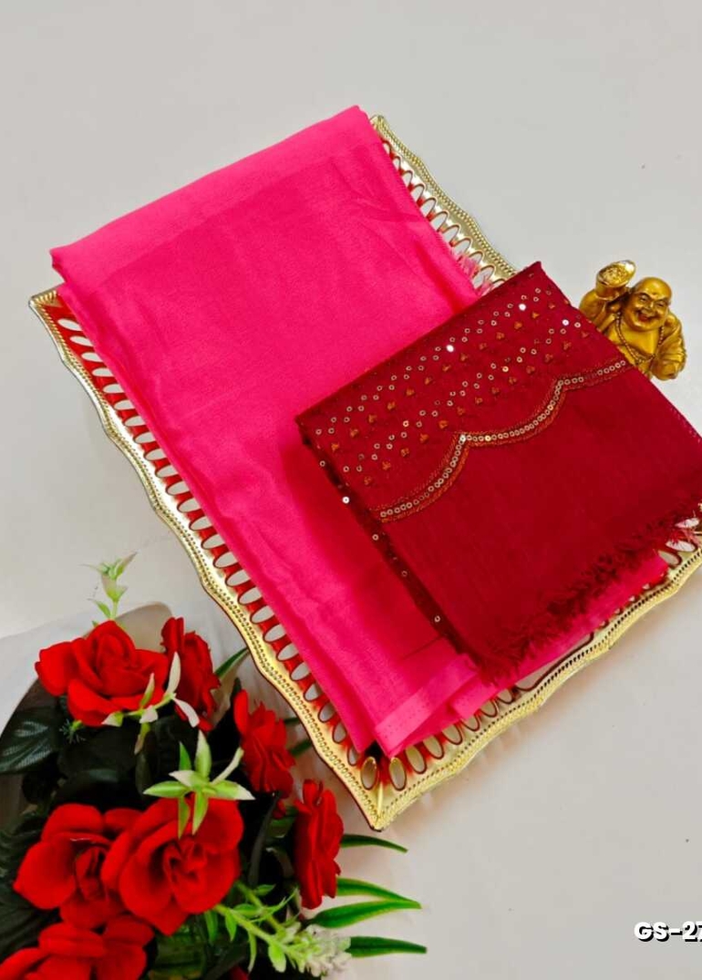 GEORGETTE FANCY SOFT SILK SAREES WITH BLOUSE MODERN FANCY ITEM SAREES - DARK PINK (3)