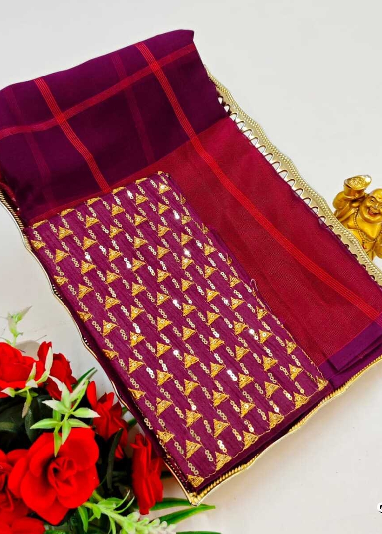 GEORGETTE FANCY SOFT SILK SAREES WITH BLOUSE MODERN FANCY ITEM SAREES - WINE COLOUR (6)