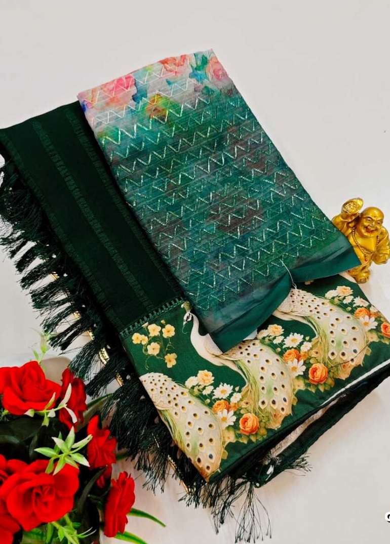 GEORGETTE FANCY SOFT SILK SAREES WITH BLOUSE MODERN FANCY ITEM SAREES - DARK GREEN (6)