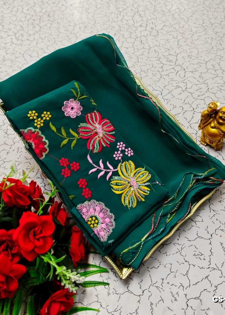 GEORGETTE FANCY SOFT SILK SAREES WITH BLOUSE MODERN FANCY ITEM SAREES - PEACOCK GREEN (1)