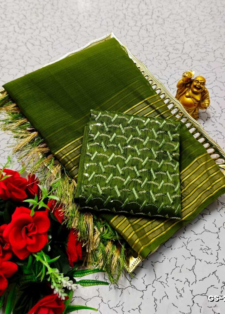 GEORGETTE FANCY SOFT SILK SAREES WITH BLOUSE MODERN FANCY ITEM SAREES - MEHENDHI GREEN