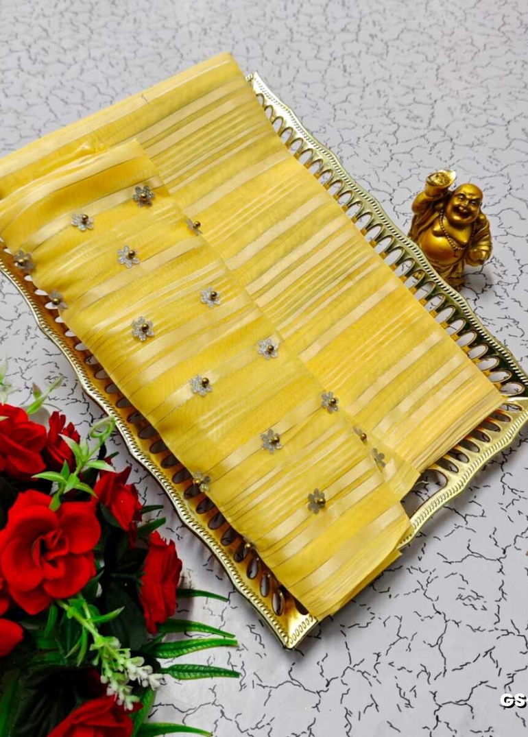 GEORGETTE FANCY SOFT SILK SAREES WITH BLOUSE MODERN FANCY ITEM SAREES - LIGHT YELLOW (5)