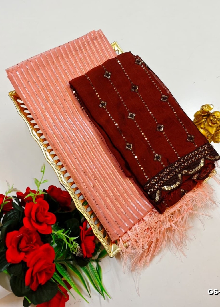 GEORGETTE FANCY SOFT SILK SAREES WITH BLOUSE MODERN FANCY ITEM SAREES - LITE PEACH (1)