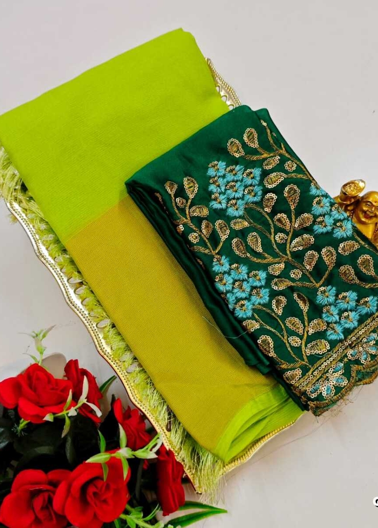 GEORGETTE FANCY SOFT SILK SAREES WITH BLOUSE MODERN FANCY ITEM SAREES - LIGHT GREEN (8)