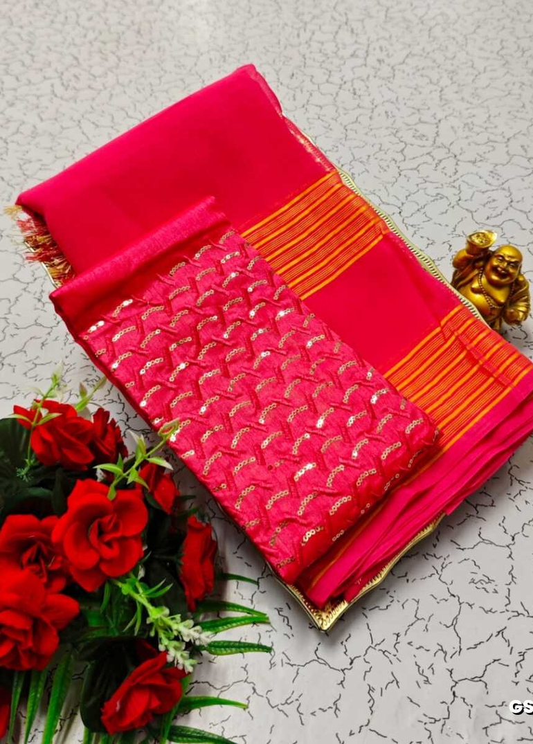 GEORGETTE FANCY SOFT SILK SAREES WITH BLOUSE MODERN FANCY ITEM SAREES - CORAL COLOUR (4)