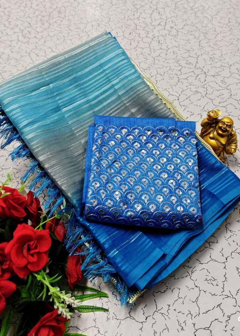 GEORGETTE FANCY SOFT SILK SAREES WITH BLOUSE MODERN FANCY ITEM SAREES - LIGHT SKY BLUE (2)