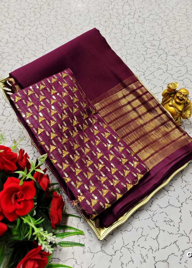 GEORGETTE FANCY SOFT SILK SAREES WITH BLOUSE MODERN FANCY ITEM SAREES - WINE COLOUR (7)