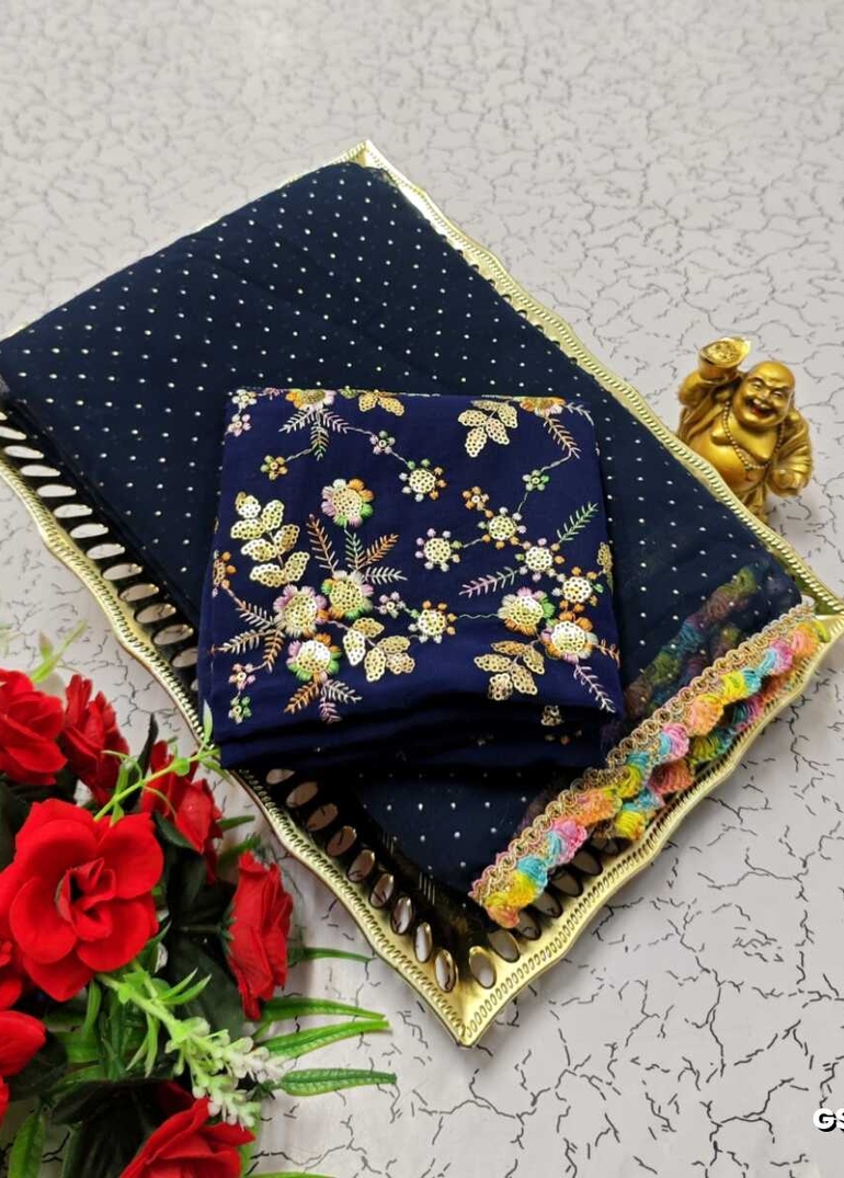 GEORGETTE FANCY SOFT SILK SAREES WITH BLOUSE MODERN FANCY ITEM SAREES - PEACOCK BLUE (7)