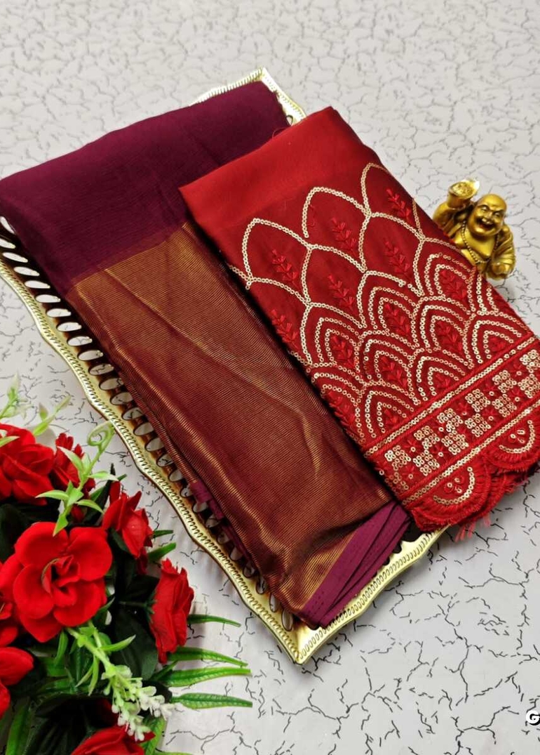 GEORGETTE FANCY SOFT SILK SAREES WITH BLOUSE MODERN FANCY ITEM SAREES - MERUN (8)
