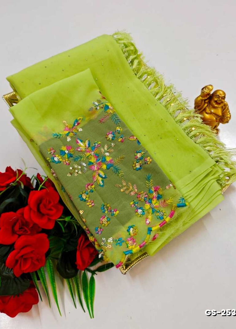 GEORGETTE FANCY SOFT SILK SAREES WITH BLOUSE MODERN FANCY ITEM SAREES - FLORAISON GREEN (4)