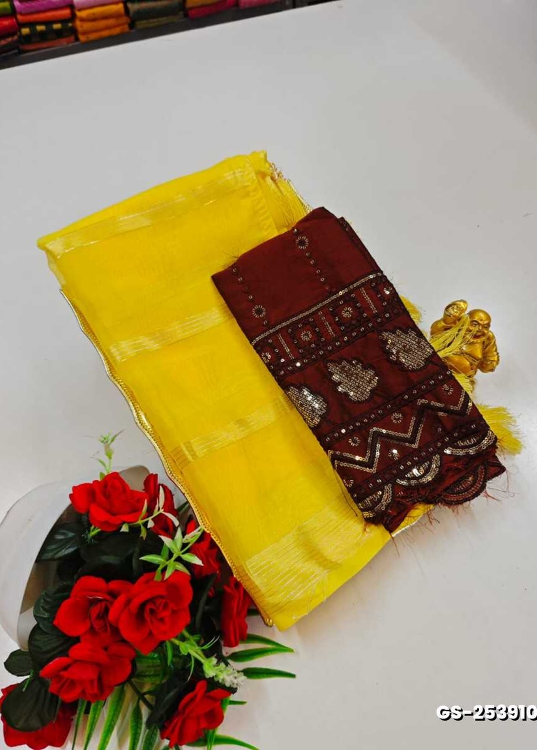 GEORGETTE FANCY SOFT SILK SAREES WITH BLOUSE MODERN FANCY ITEM SAREES - YELLOW (6)