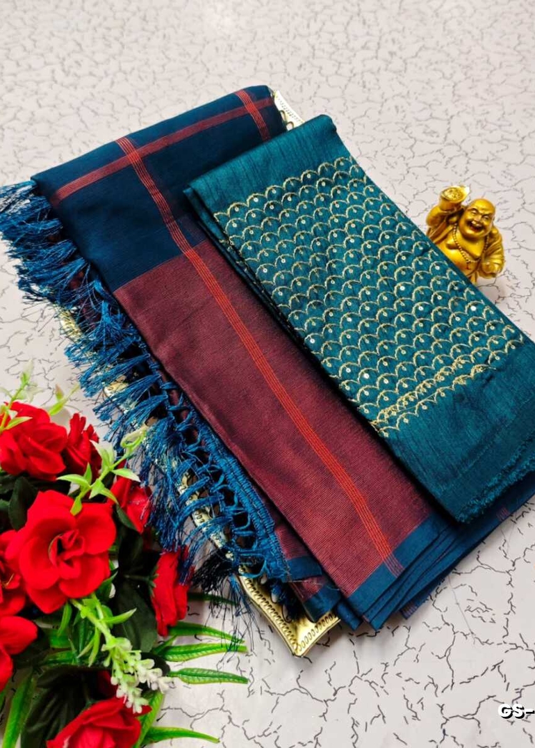 GEORGETTE FANCY SOFT SILK SAREES WITH BLOUSE MODERN FANCY ITEM SAREES - PEACKOK BLUE (12)