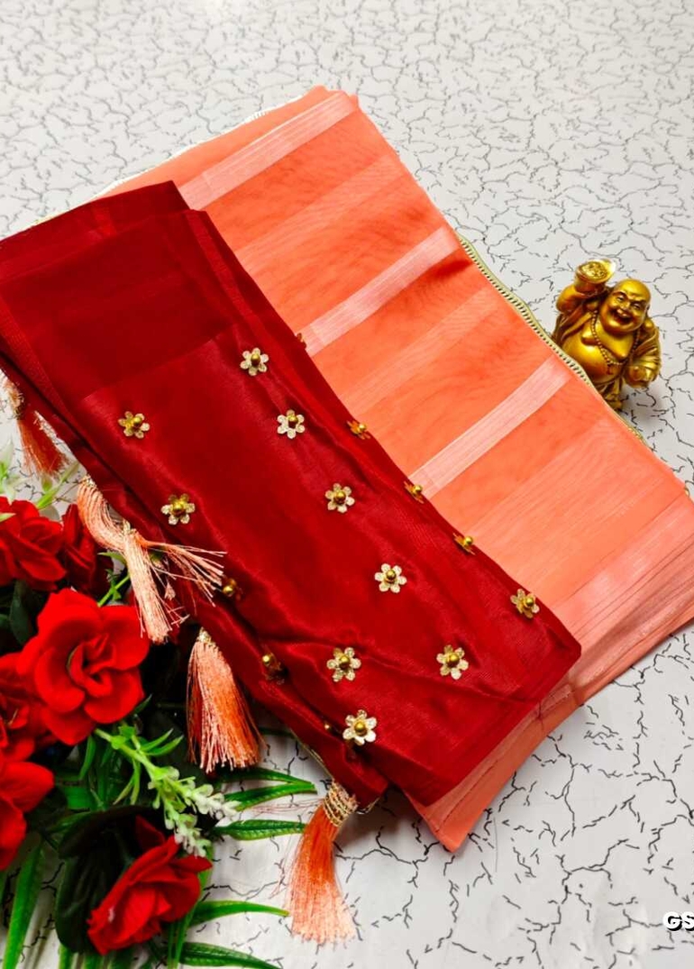 GEORGETTE FANCY SOFT SILK SAREES WITH BLOUSE MODERN FANCY ITEM SAREES - ORANGE (4)