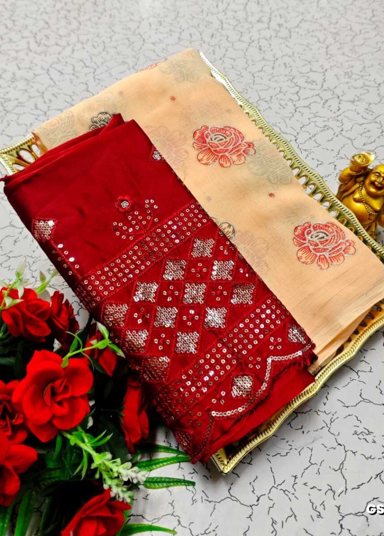 GEORGETTE FANCY SOFT SILK SAREES WITH BLOUSE MODERN FANCY ITEM SAREES - LIGHT ORANGE (4)