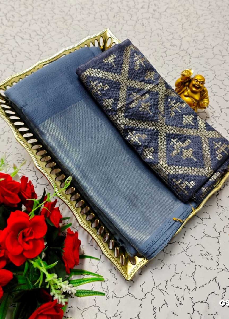 GEORGETTE FANCY SOFT SILK SAREES WITH BLOUSE MODERN FANCY ITEM SAREES - METALLIC SILVAR