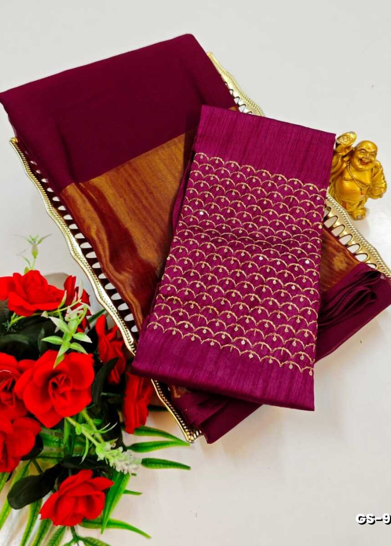 GEORGETTE FANCY SOFT SILK SAREES WITH BLOUSE MODERN FANCY ITEM SAREES - WINE COLOUR (8)
