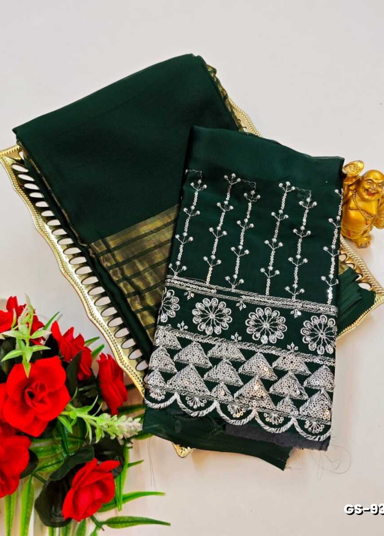 GEORGETTE FANCY SOFT SILK SAREES WITH BLOUSE MODERN FANCY ITEM SAREES - BOTTLE GREEN (9)