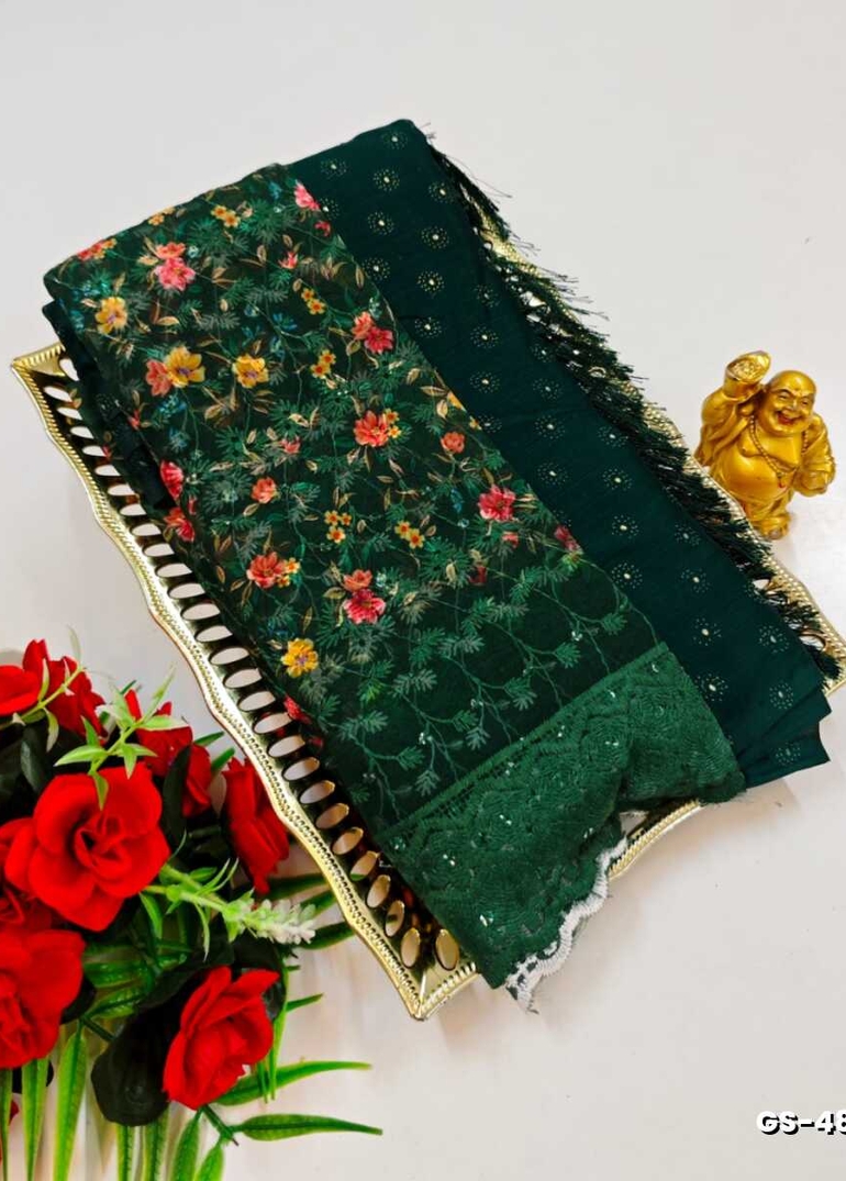 GEORGETTE FANCY SOFT SILK SAREES WITH BLOUSE MODERN FANCY ITEM SAREES - BOTTLE GREEN (10)