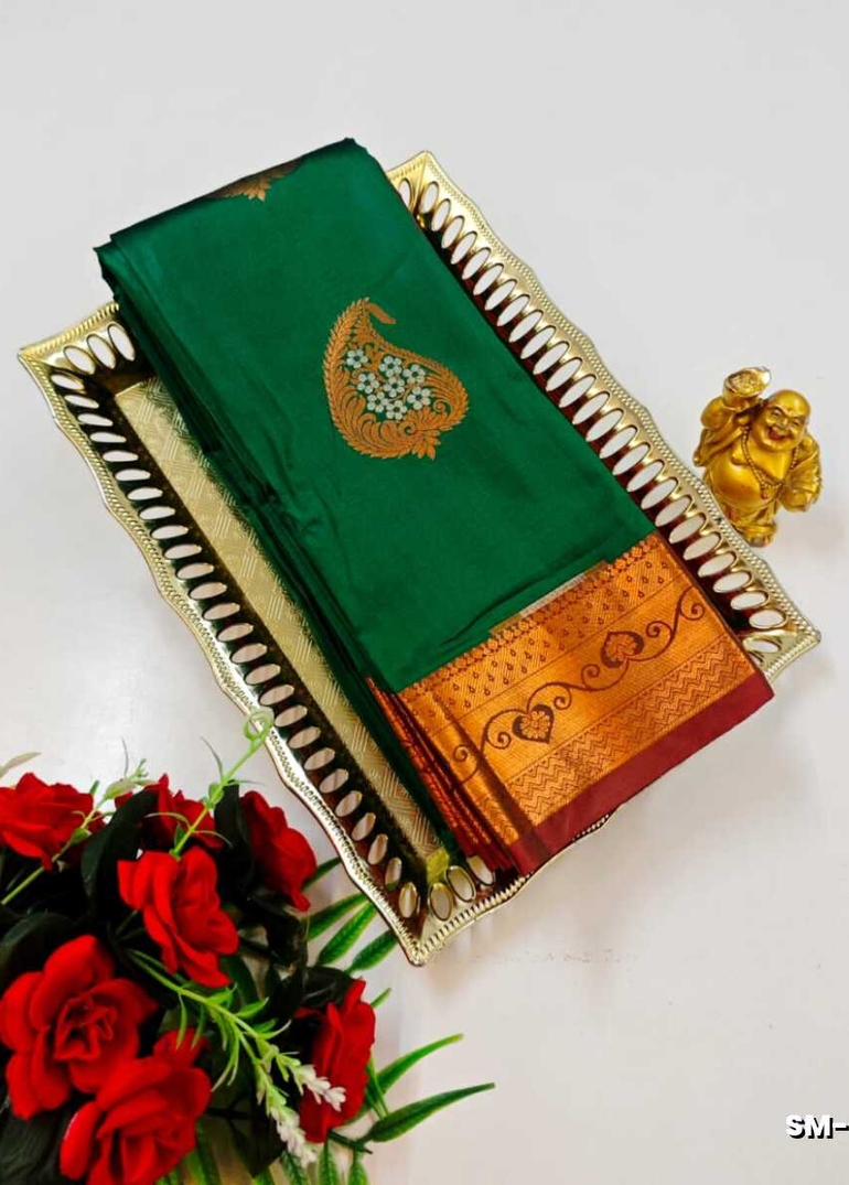 A modern take on the multi-colored nature of the meena zari work sarees - GREEN