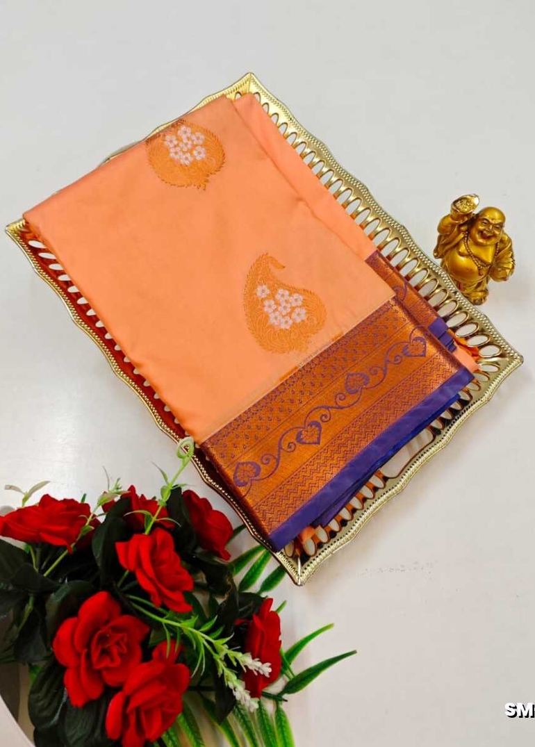 A modern take on the multi-colored nature of the meena zari work sarees - PEACH COLOUR