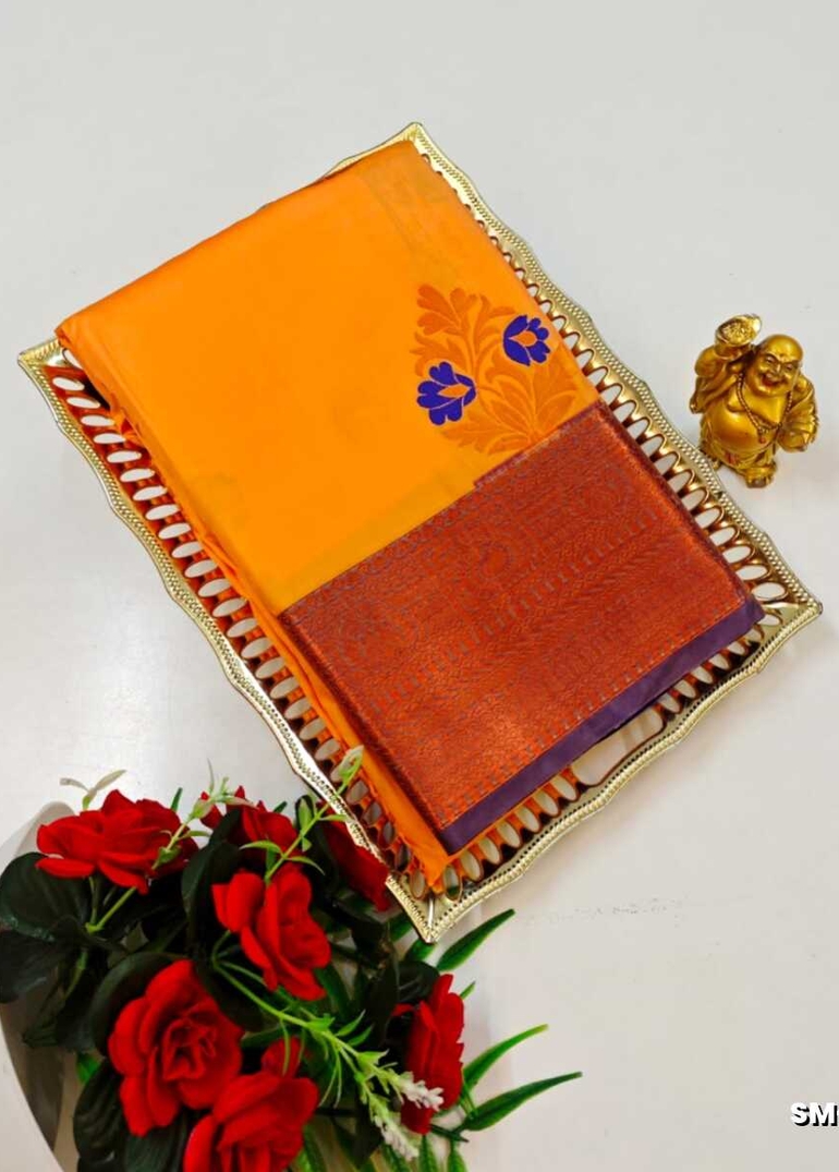 A modern take on the multi-colored nature of the meena zari work sarees - ORANGE