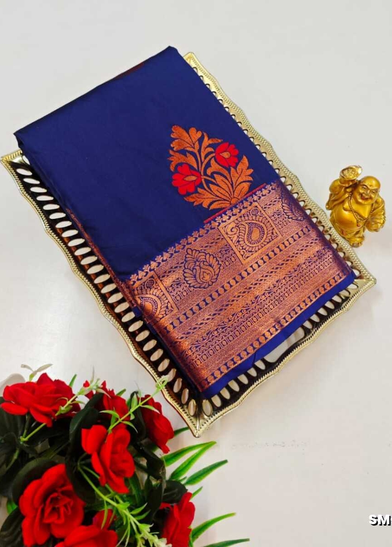 A modern take on the multi-colored nature of the meena zari work sarees - NAVY COLOUR