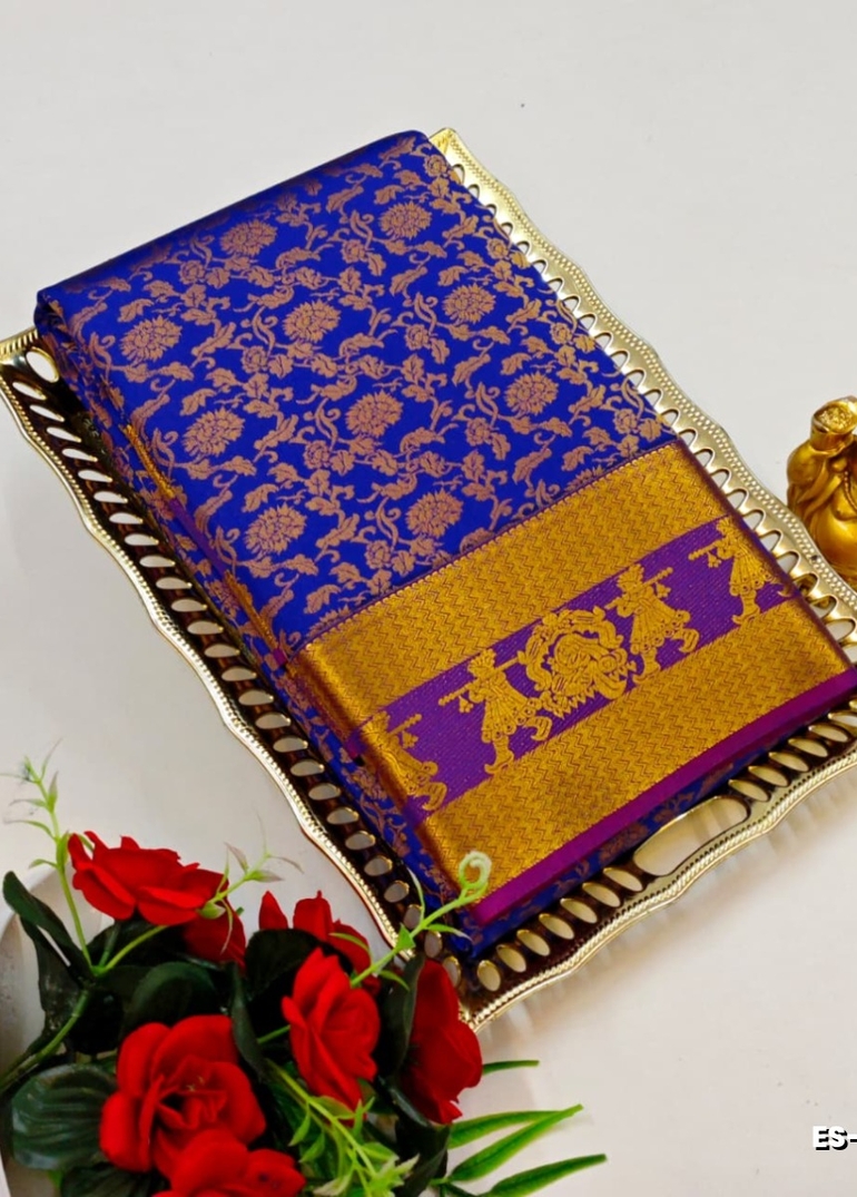 Bridal silk gold silvar and copper zari weave and wedding art silk sarees - ROYAL BLUE (4)