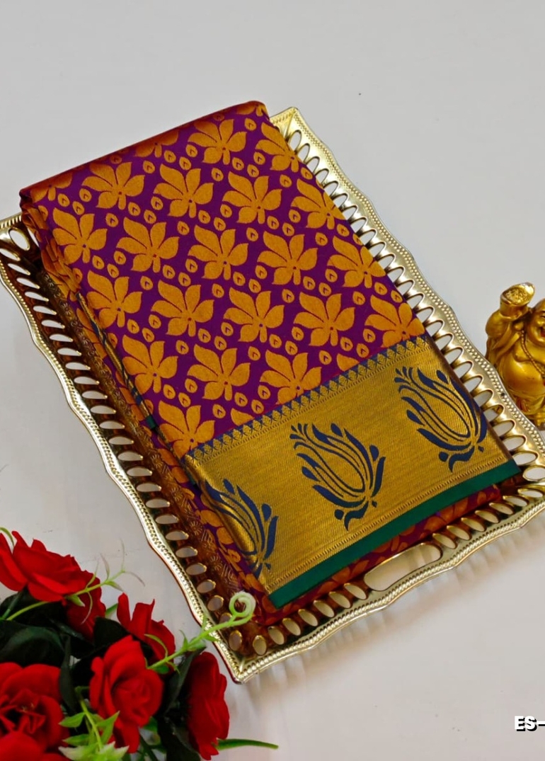 Bridal silk gold silvar and copper zari weave and wedding art silk sarees - PURPLE COLOUR (3)
