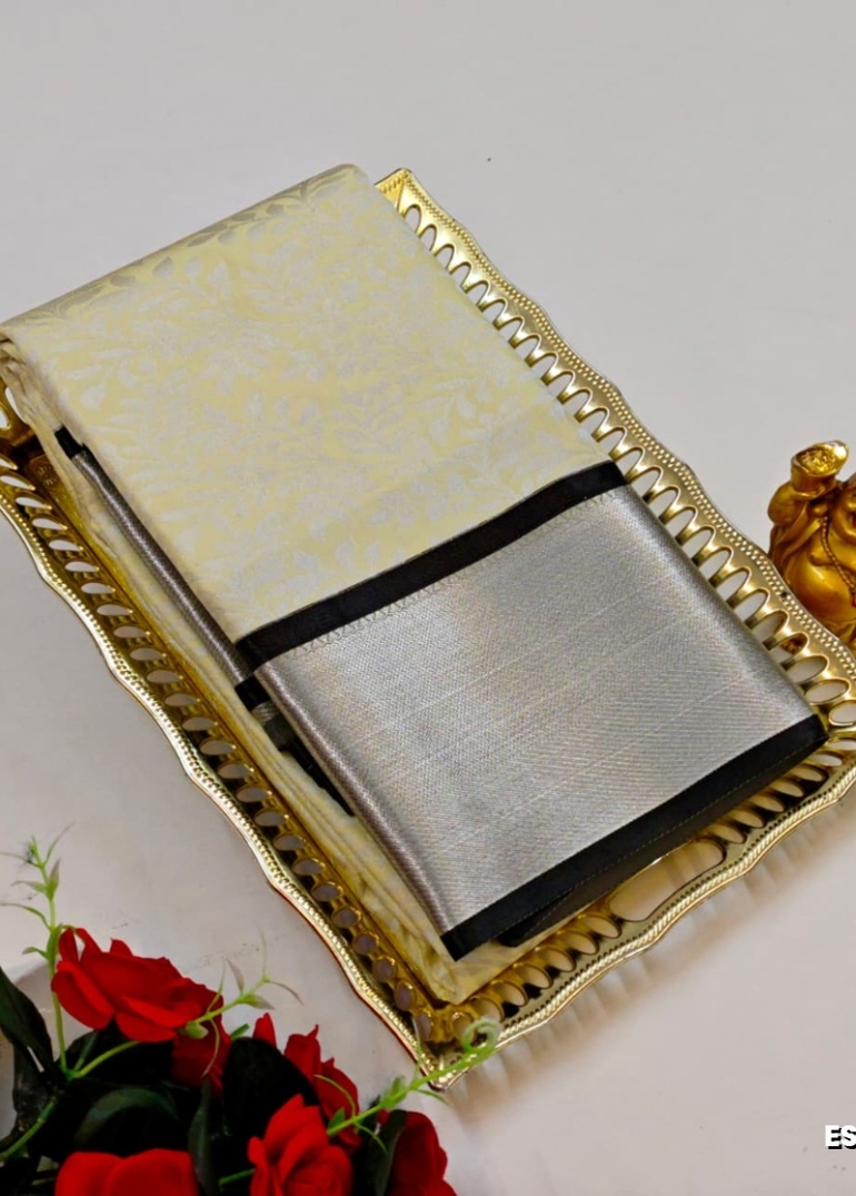 Bridal silk gold silvar and copper zari weave and wedding art silk sarees - CREAM (6)