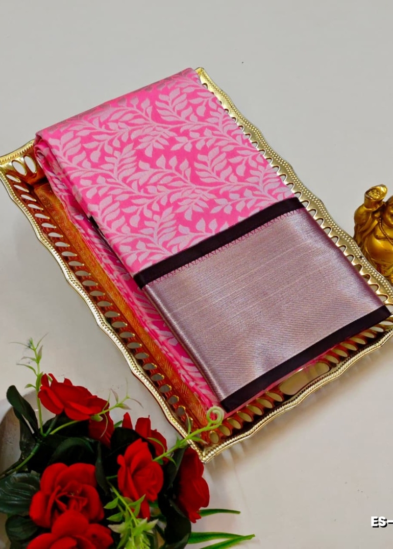 Bridal silk gold silvar and copper zari weave and wedding art silk sarees - LIGHT PINK (17)