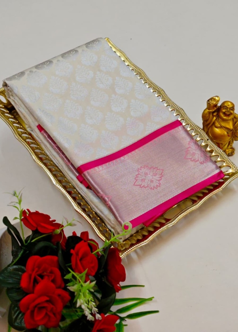 Bridal silk gold silvar and copper zari weave and wedding art silk sarees - BEIGE COLOUR (11)