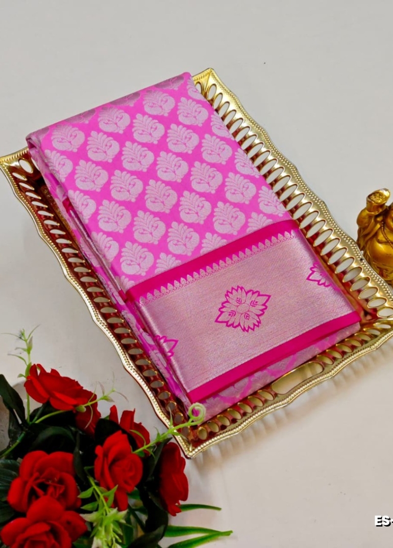 Bridal silk gold silvar and copper zari weave and wedding art silk sarees - PINK (8)
