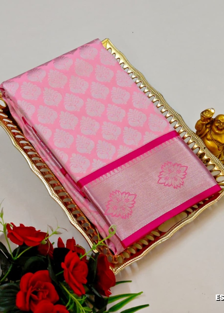 BRIDAL SILK GOLD SILVAR AND COPPER ZARI WEAVE AND WEDDING ART SILK SAREES - BABY PINK (13)