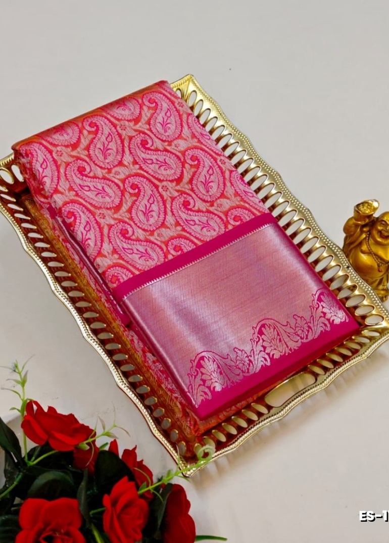 BRIDAL SILK GOLD SILVAR AND COPPER ZARI WEAVE AND WEDDING ART SILK SAREES - DARK PINK (14)