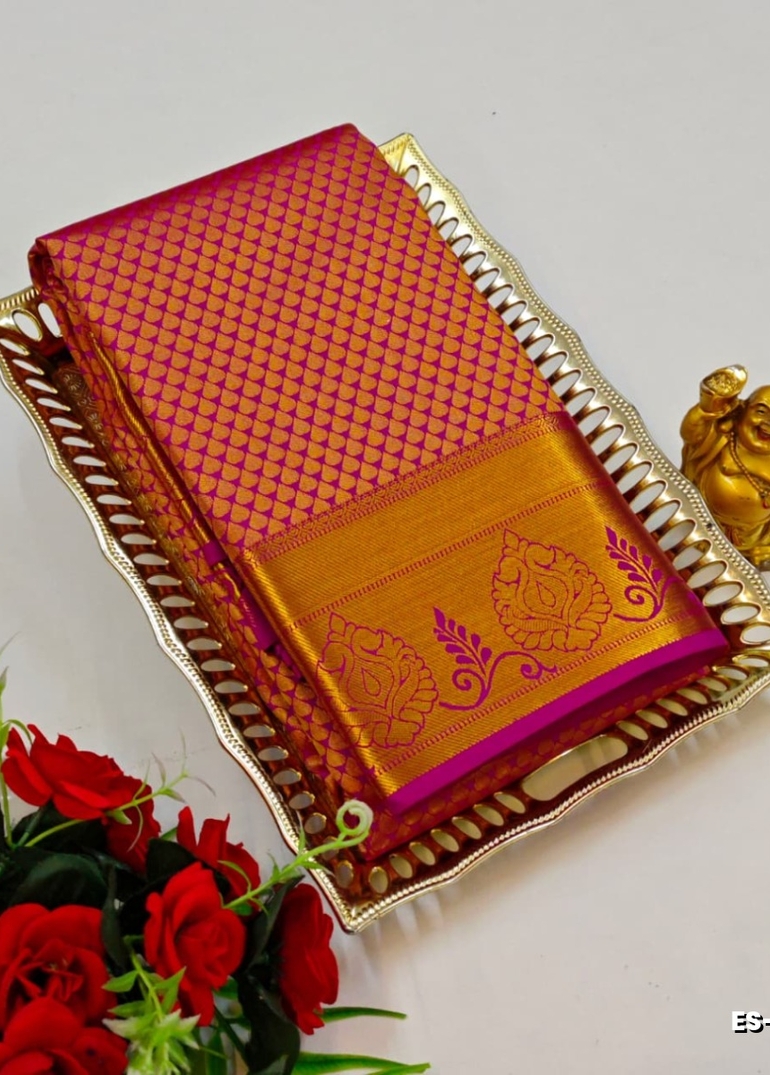 BRIDAL SILK GOLD SILVAR AND COPPER ZARI WEAVE AND WEDDING ART SILK SAREES - RUBY COLOUR (2)
