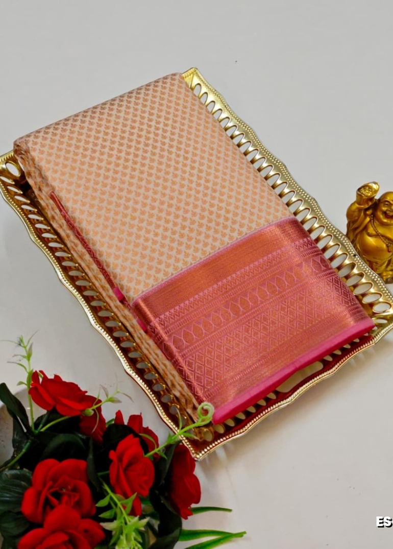 BRIDAL SILK GOLD SILVAR AND COPPER ZARI WEAVE AND WEDDING ART SILK SAREES - PEACH COLOUR (5)