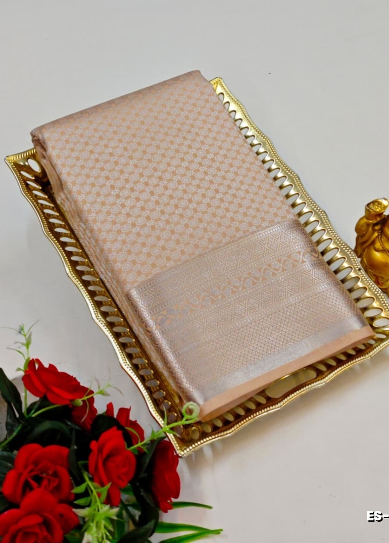 BRIDAL SILK GOLD SILVAR AND COPPER ZARI WEAVE AND WEDDING ART SILK SAREES - LIGHT PEACH (4)